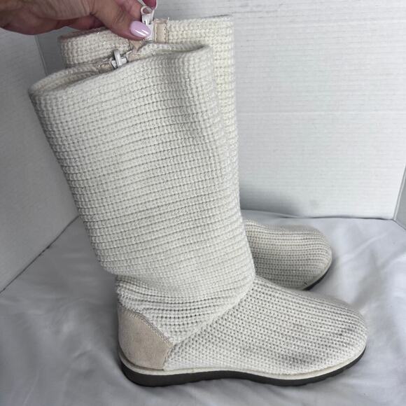 ✨SO Womens Cream Knit Tall Boots Size8 Side Zip Up Suede Heel Casual Cozy - Picture 9 of 10